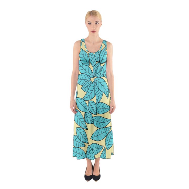 Leaves Dried Leaves Stamping Blue Yellow Sleeveless Maxi Dress