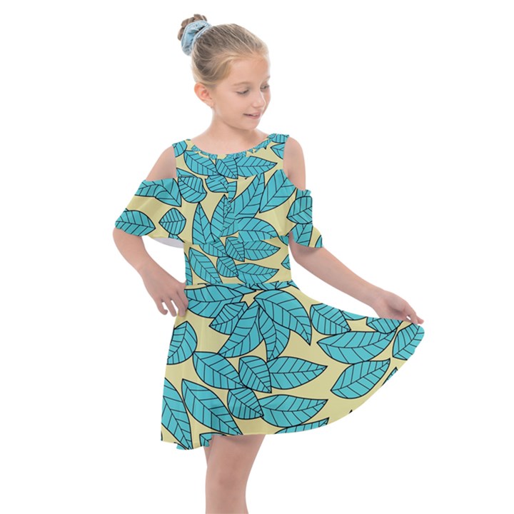 Leaves Dried Leaves Stamping Blue Yellow Kids  Shoulder Cutout Chiffon Dress