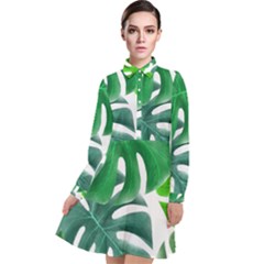 Tropical Greens Leaves Design Long Sleeve Chiffon Shirt Dress