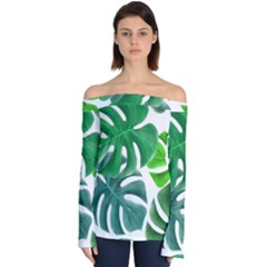 Tropical Greens Leaves Design Off Shoulder Long Sleeve Top by Simbadda