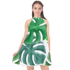 Tropical Greens Leaves Design Halter Neckline Chiffon Dress 