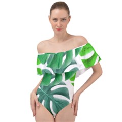 Tropical Greens Leaves Design Off Shoulder Velour Bodysuit 