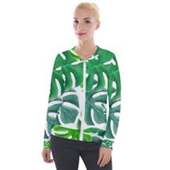 Tropical Greens Leaves Design Velour Zip Up Jacket