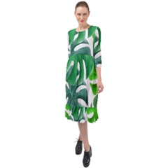 Tropical Greens Leaves Design Ruffle End Midi Chiffon Dress