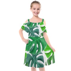 Tropical Greens Leaves Design Kids  Cut Out Shoulders Chiffon Dress