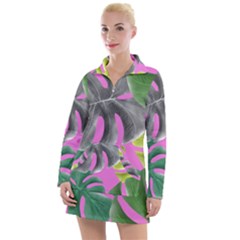 Tropical Greens Leaves Design Women s Long Sleeve Casual Dress