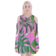 Tropical Greens Leaves Design Velvet Long Sleeve Shoulder Cutout Dress by Simbadda