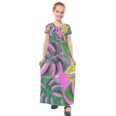 Tropical Greens Leaves Design Kids  Short Sleeve Maxi Dress by Simbadda