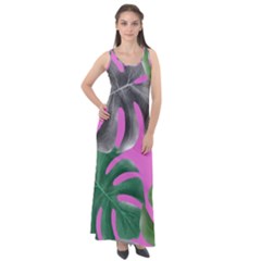 Tropical Greens Leaves Design Sleeveless Velour Maxi Dress by Simbadda