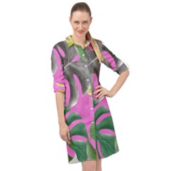 Tropical Greens Leaves Design Long Sleeve Mini Shirt Dress