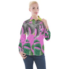 Tropical Greens Leaves Design Women s Long Sleeve Pocket Shirt