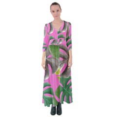 Tropical Greens Leaves Design Button Up Maxi Dress by Simbadda