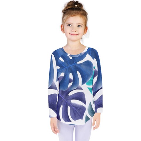 Leaves Tropical Blue Green Nature Kids  Long Sleeve Tee by Simbadda