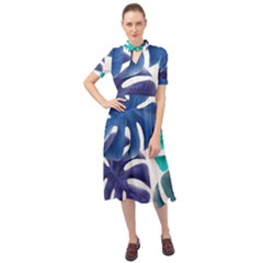 Leaves Tropical Blue Green Nature Keyhole Neckline Chiffon Dress