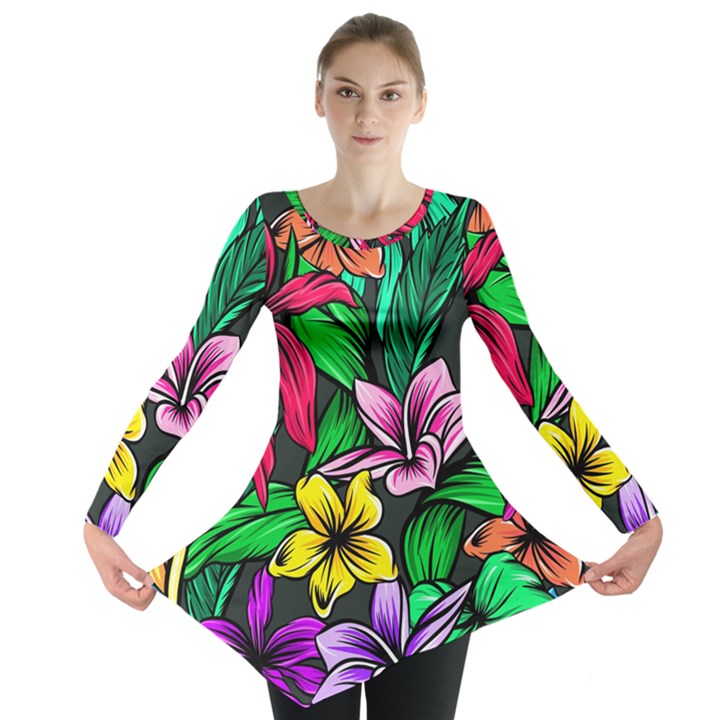 Hibiscus Flower Plant Tropical Long Sleeve Tunic 