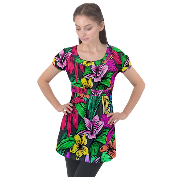 Hibiscus Flower Plant Tropical Puff Sleeve Tunic Top