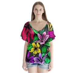 Hibiscus Flower Plant Tropical V-neck Flutter Sleeve Top by Simbadda