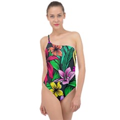 Hibiscus Flower Plant Tropical Classic One Shoulder Swimsuit by Simbadda