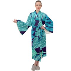 Tropical Greens Leaves Design Maxi Tie Front Velour Kimono