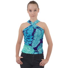 Tropical Greens Leaves Design Cross Neck Velour Top