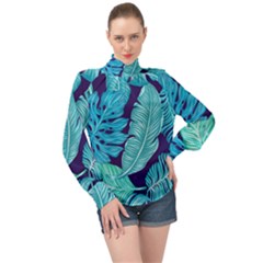 Tropical Greens Leaves Design High Neck Long Sleeve Chiffon Top