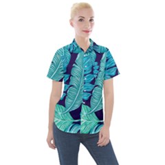 Tropical Greens Leaves Design Women s Short Sleeve Pocket Shirt