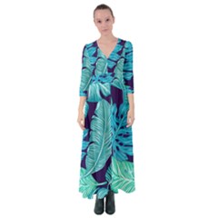 Tropical Greens Leaves Design Button Up Maxi Dress by Simbadda