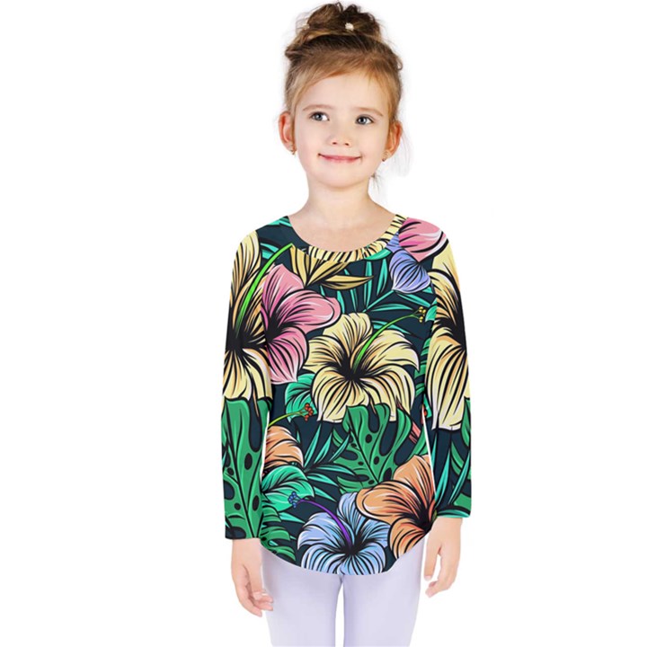 Hibiscus Flower Plant Tropical Kids  Long Sleeve Tee