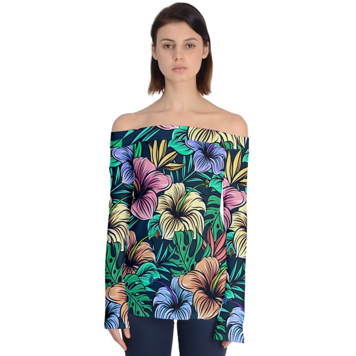 Hibiscus Flower Plant Tropical Off Shoulder Long Sleeve Top