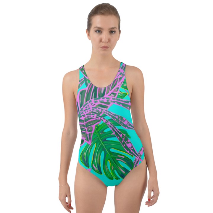 Painting Oil Leaves Reason Pattern Cut-Out Back One Piece Swimsuit