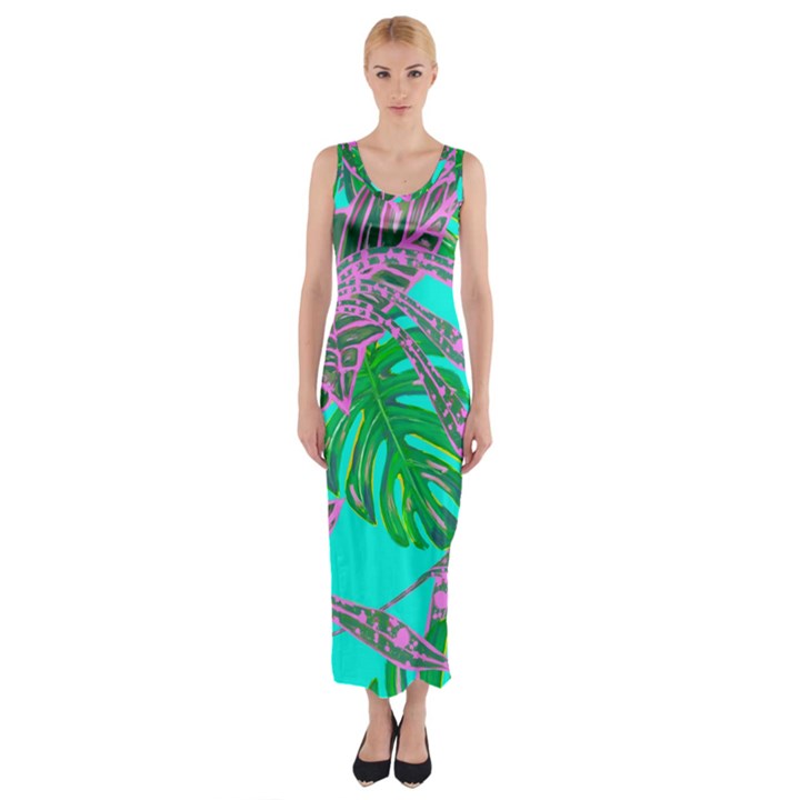 Painting Oil Leaves Reason Pattern Fitted Maxi Dress