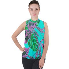 Painting Oil Leaves Reason Pattern Mock Neck Chiffon Sleeveless Top by Simbadda