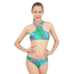 Painting Oil Leaves Reason Pattern High Neck Bikini Set by Simbadda