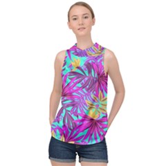 Tropical Greens Leaves Design High Neck Satin Top