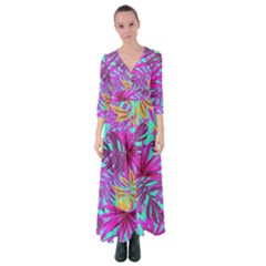 Tropical Greens Leaves Design Button Up Maxi Dress