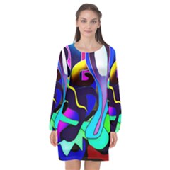 Curvy Collage Long Sleeve Chiffon Shift Dress 