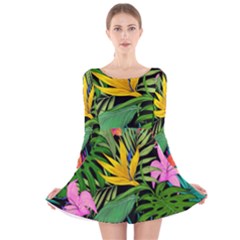 Tropical Greens Leaves Design Long Sleeve Velvet Skater Dress by Simbadda