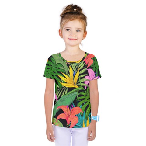 Tropical Greens Leaves Design Kids  One Piece Tee by Simbadda