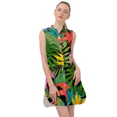 Tropical Greens Leaves Design Sleeveless Shirt Dress by Simbadda