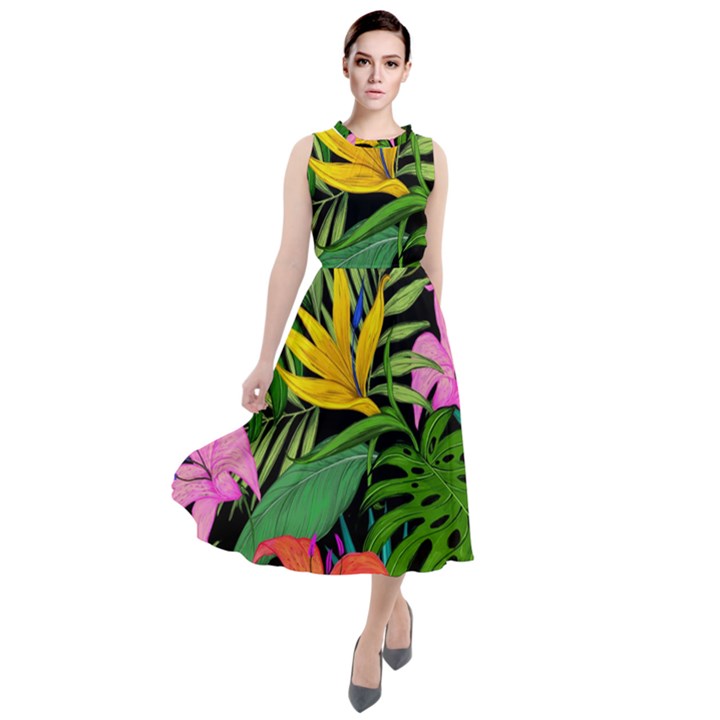 Tropical Greens Leaves Design Round Neck Boho Dress