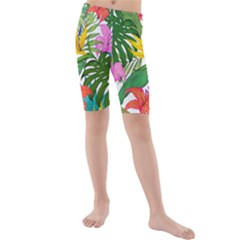 Tropical Greens Leaves Monstera Kids  Mid Length Swim Shorts by Simbadda