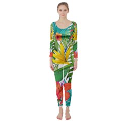 Tropical Greens Leaves Monstera Long Sleeve Catsuit by Simbadda