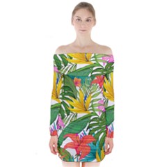 Tropical Greens Leaves Monstera Long Sleeve Off Shoulder Dress