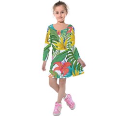 Tropical Greens Leaves Monstera Kids  Long Sleeve Velvet Dress by Simbadda