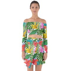 Tropical Greens Leaves Monstera Off Shoulder Top With Skirt Set by Simbadda