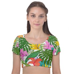 Tropical Greens Leaves Monstera Velvet Short Sleeve Crop Top  by Simbadda