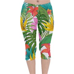 Tropical Greens Leaves Monstera Velvet Capri Leggings 