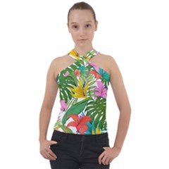 Tropical Greens Leaves Monstera Cross Neck Velour Top by Simbadda