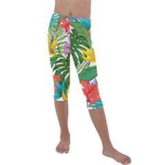 Tropical Greens Leaves Monstera Kids  Lightweight Velour Capri Leggings  by Simbadda