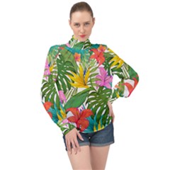 Tropical Greens Leaves Monstera High Neck Long Sleeve Chiffon Top